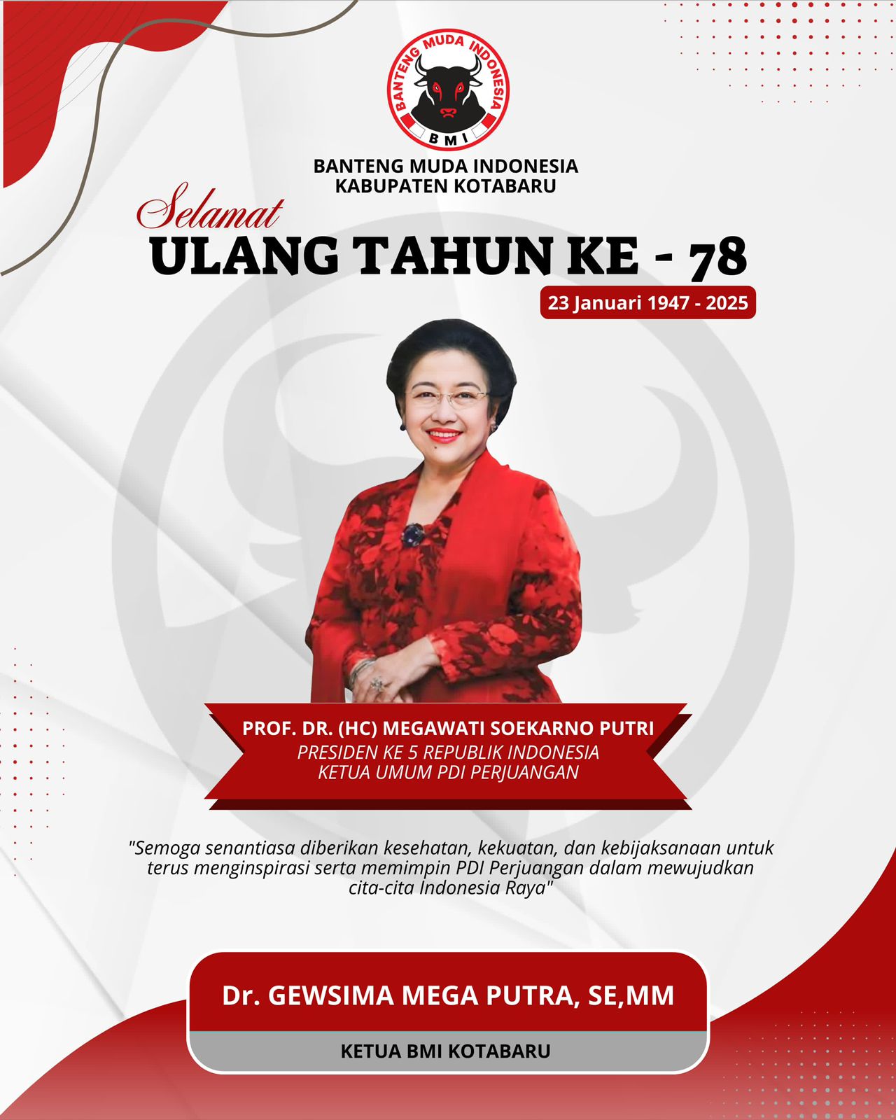 Ketua Umum PDI-P Ultah ke-78, Ini Ucapan Anggota DPRD Kotabaru Gewsima Mega Putra