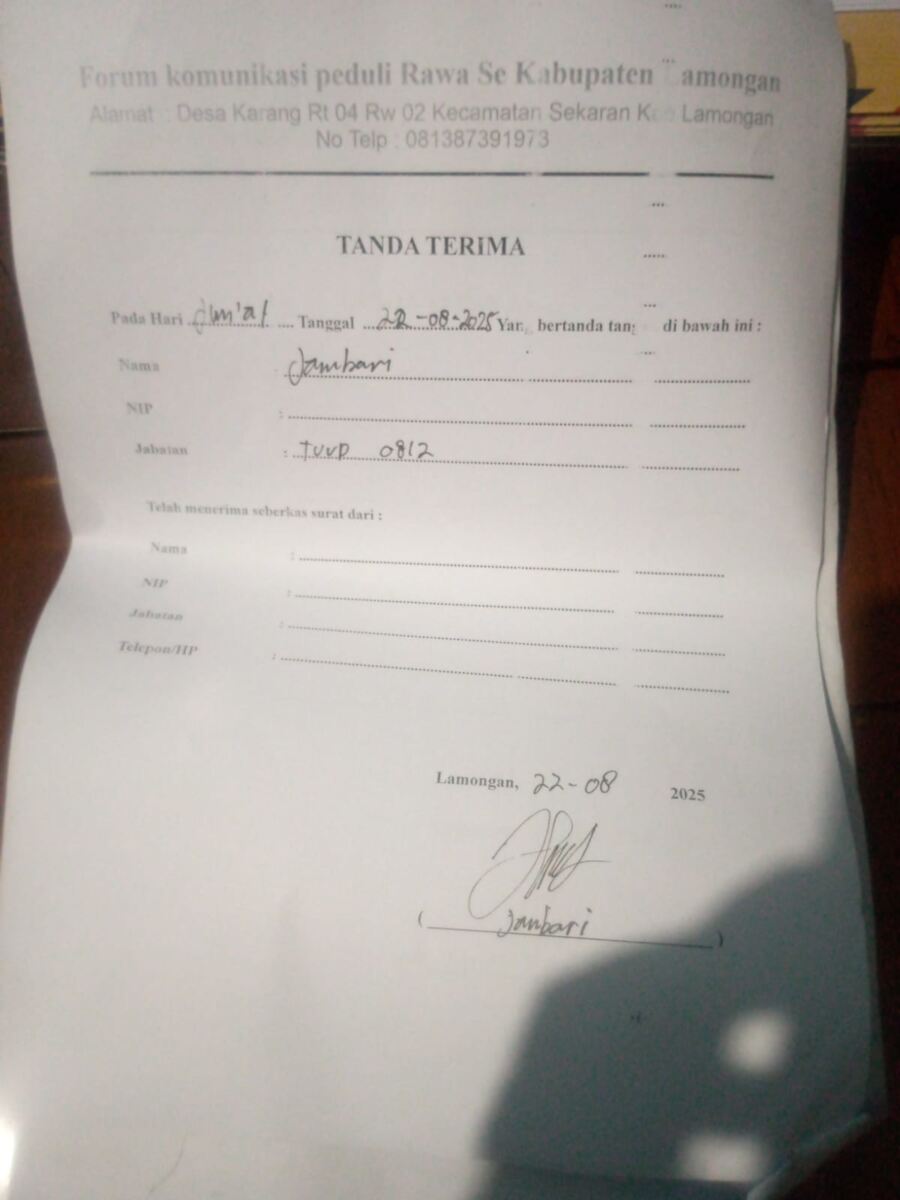 Forum komunikasi peduli Rawa Se Kabupaten Lamongan Berkirim Surat Ke Dinas SDA Provinsi Jatim Minta Bongkar Tambak Liar