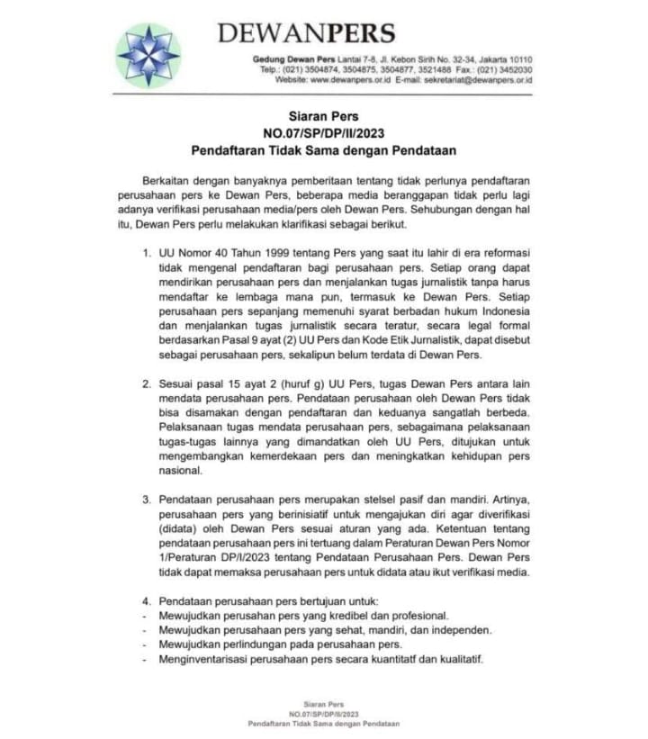 Undang–Undang Baru: Perusahaan Pers Tidak Perlu Verifikasi Dewan Pers