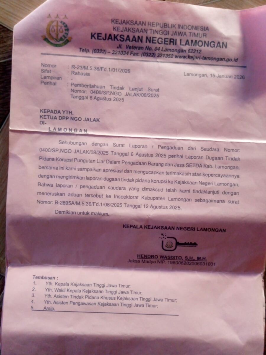 Kejari Lamongan Diminta Serius Periksa Terkait Laporan Dugaan Korupsi PBJ LPse Kabupaten Lamongan