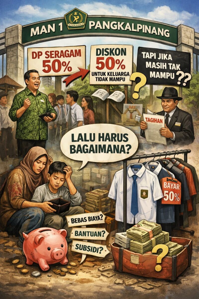 DP SERAGAM 50 PERSEN DI MAN 1 PANGKALPINANG PICU TANDA TANYA: SISWA KURANG MAMPU DAPAT DISKON, TAPI JIKA MASIH TAK MAMPU HARUS BAGAIMANA?